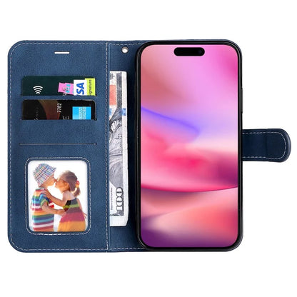 For iPhone 16 Case with Hand Strap Leather Wallet Phone Cover 3-color Splicing
