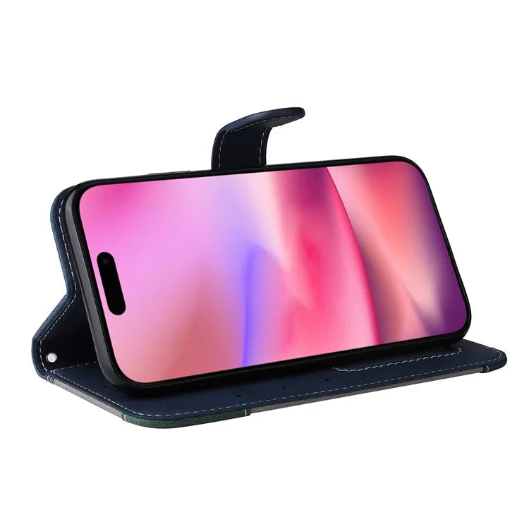 For iPhone 16 Case with Hand Strap Leather Wallet Phone Cover 3-color Splicing
