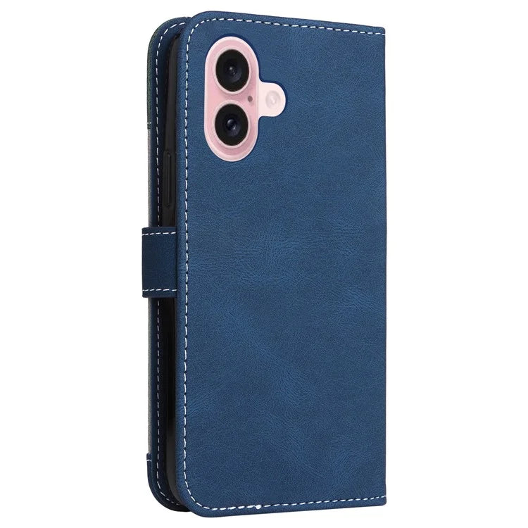 For iPhone 16 Case with Hand Strap Leather Wallet Phone Cover 3-color Splicing