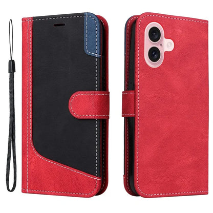 For iPhone 16 Case with Hand Strap Leather Wallet Phone Cover 3-color Splicing