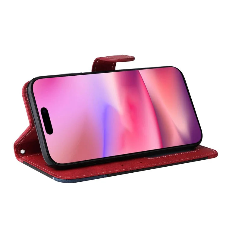 For iPhone 16 Case with Hand Strap Leather Wallet Phone Cover 3-color Splicing