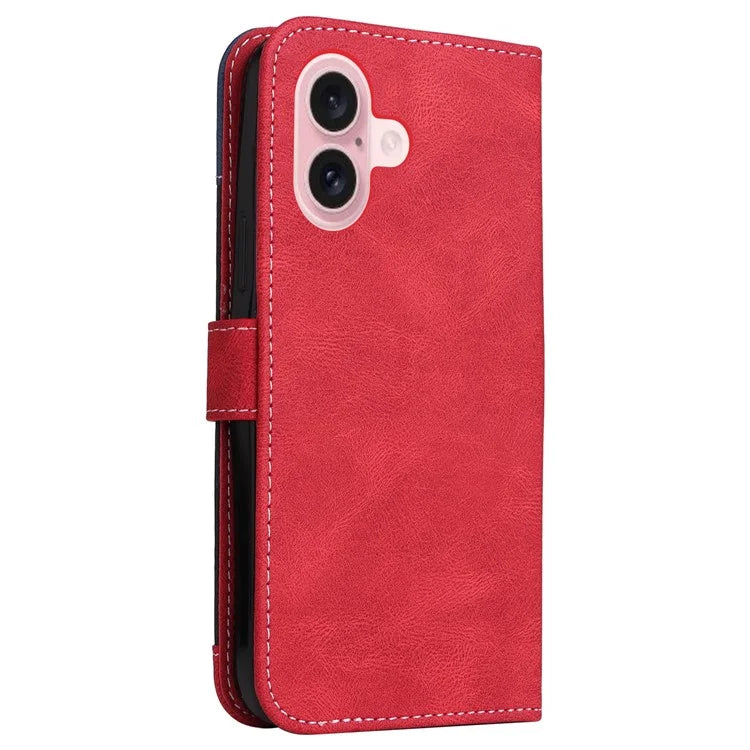 For iPhone 16 Case with Hand Strap Leather Wallet Phone Cover 3-color Splicing
