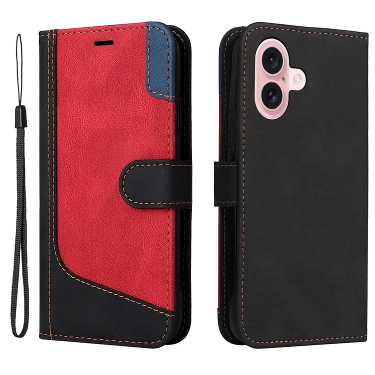 For iPhone 16 Case with Hand Strap Leather Wallet Phone Cover 3-color Splicing