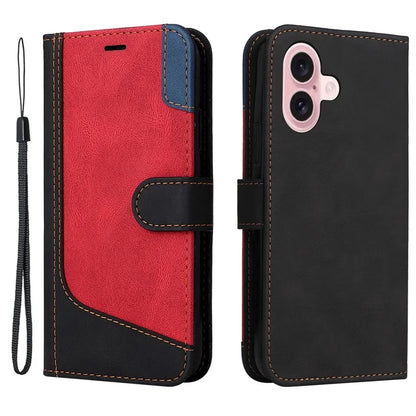 For iPhone 16 Case with Hand Strap Leather Wallet Phone Cover 3-color Splicing