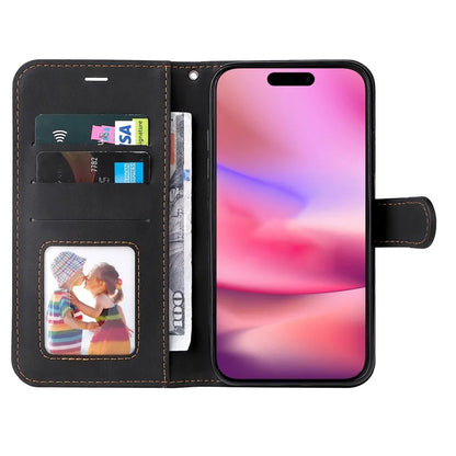 For iPhone 16 Case with Hand Strap Leather Wallet Phone Cover 3-color Splicing