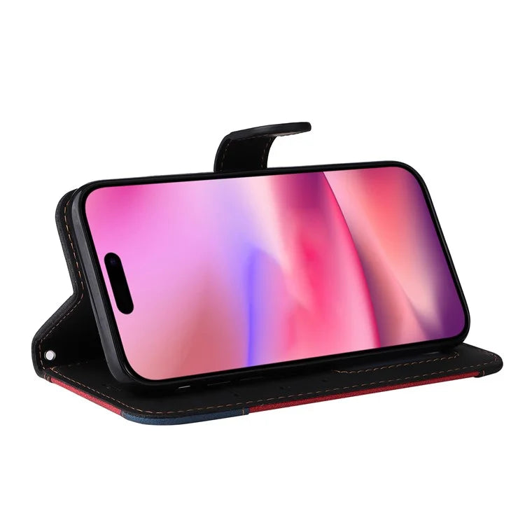 For iPhone 16 Case with Hand Strap Leather Wallet Phone Cover 3-color Splicing