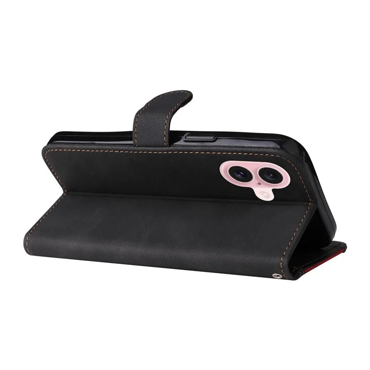 For iPhone 16 Case with Hand Strap Leather Wallet Phone Cover 3-color Splicing