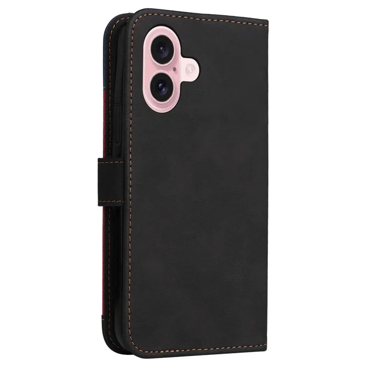 For iPhone 16 Case with Hand Strap Leather Wallet Phone Cover 3-color Splicing
