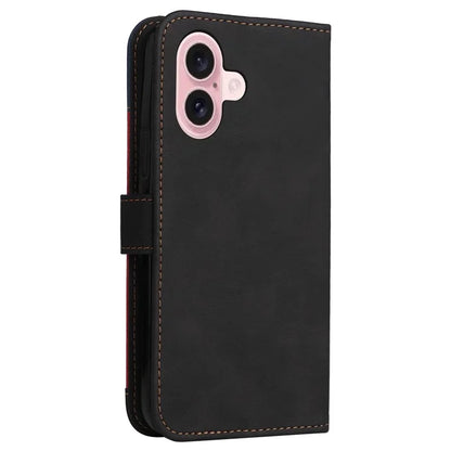 For iPhone 16 Case with Hand Strap Leather Wallet Phone Cover 3-color Splicing