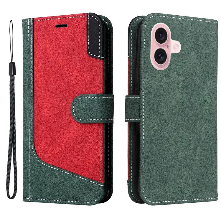 For iPhone 16 Case with Hand Strap Leather Wallet Phone Cover 3-color Splicing