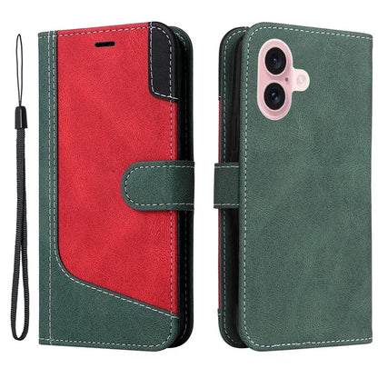 For iPhone 16 Case with Hand Strap Leather Wallet Phone Cover 3-color Splicing