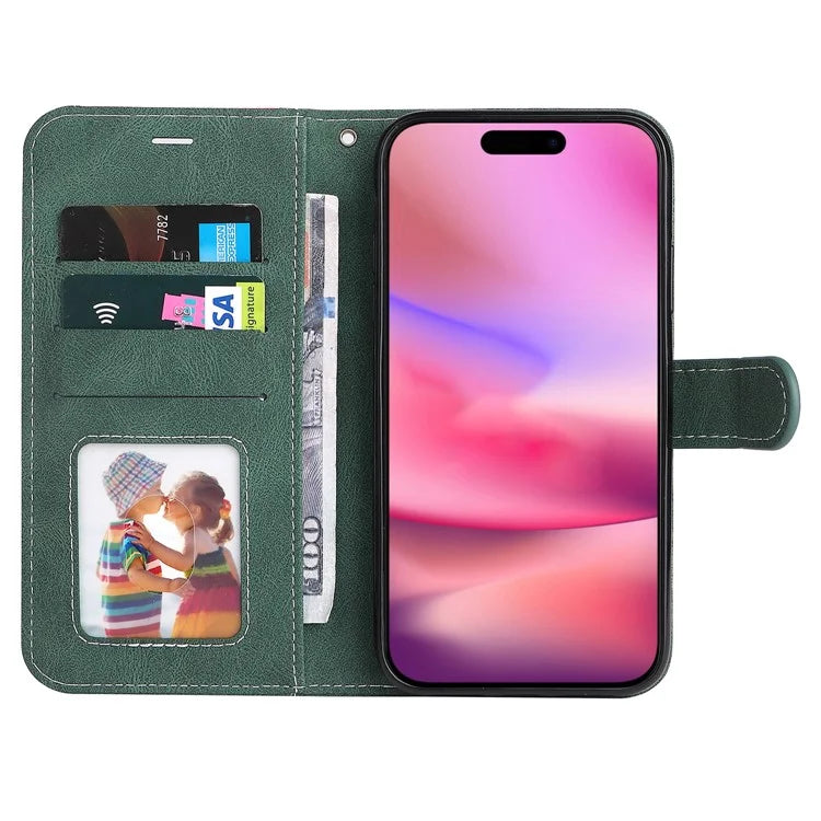 For iPhone 16 Case with Hand Strap Leather Wallet Phone Cover 3-color Splicing