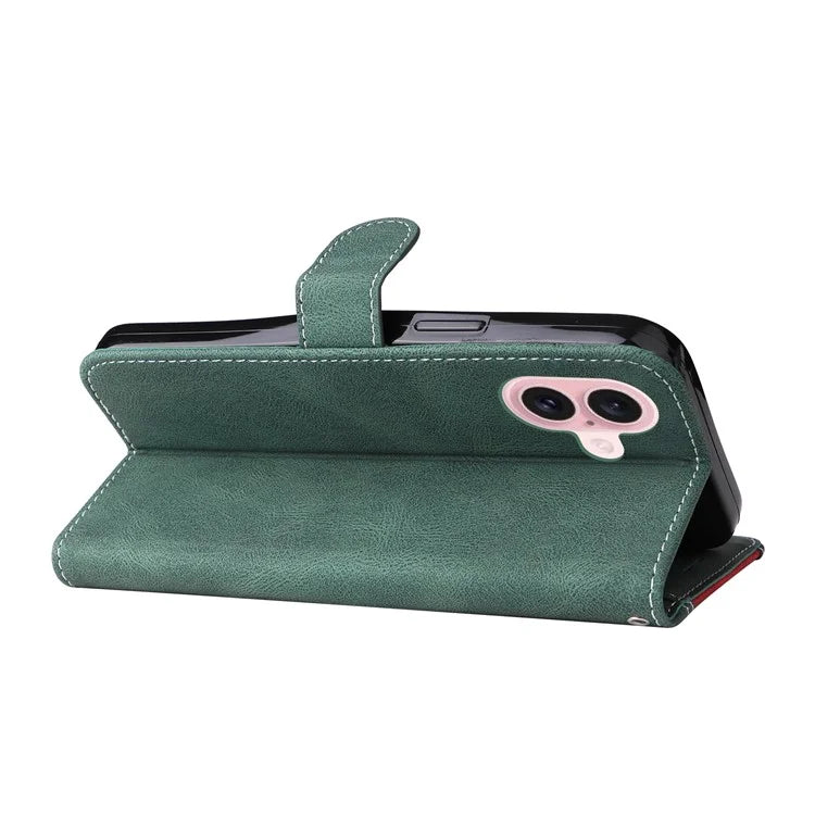 For iPhone 16 Case with Hand Strap Leather Wallet Phone Cover 3-color Splicing