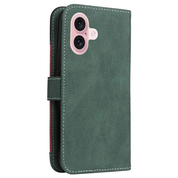 For iPhone 16 Case with Hand Strap Leather Wallet Phone Cover 3-color Splicing