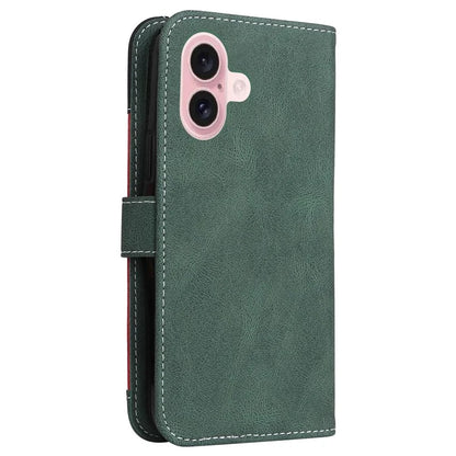 For iPhone 16 Case with Hand Strap Leather Wallet Phone Cover 3-color Splicing