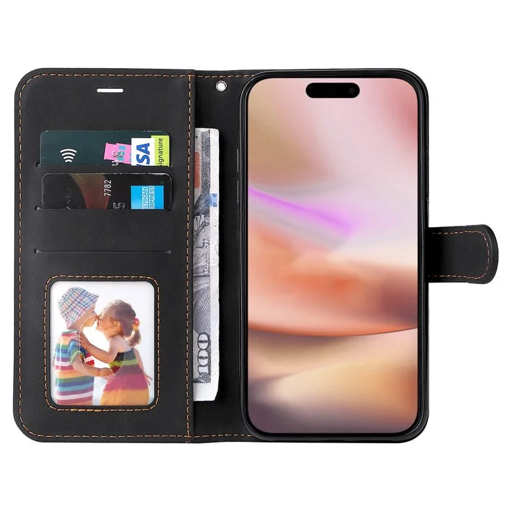 For iPhone 16 Plus Case 3-color Splicing PU Leather Wallet Phone Cover