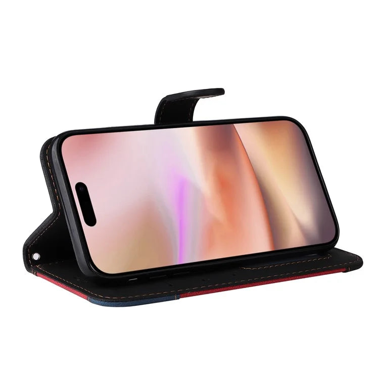 For iPhone 16 Plus Case 3-color Splicing PU Leather Wallet Phone Cover