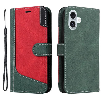 For iPhone 16 Plus Case 3-color Splicing PU Leather Wallet Phone Cover