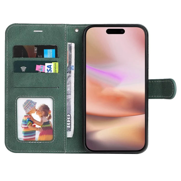 For iPhone 16 Plus Case 3-color Splicing PU Leather Wallet Phone Cover