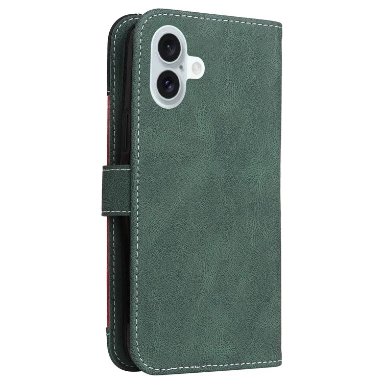 For iPhone 16 Plus Case 3-color Splicing PU Leather Wallet Phone Cover