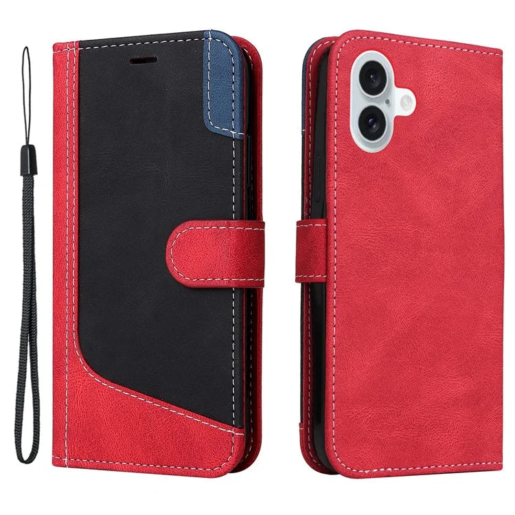 For iPhone 16 Plus Case 3-color Splicing PU Leather Wallet Phone Cover