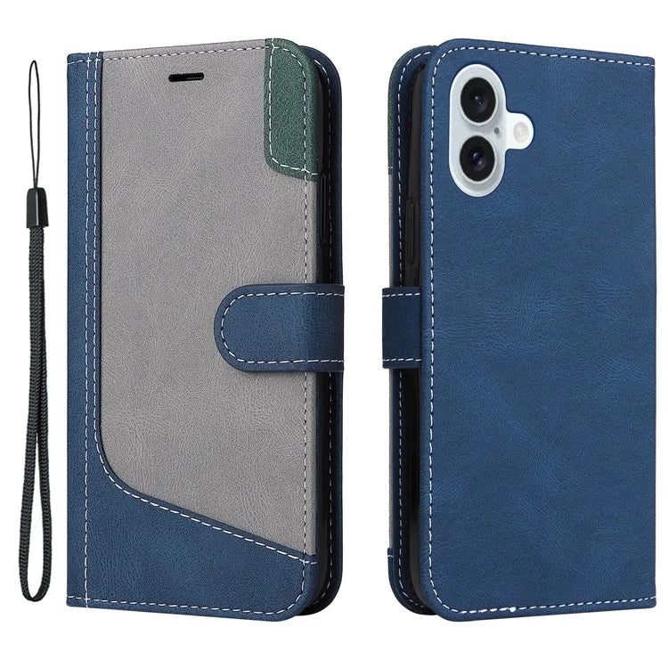 For iPhone 16 Plus Case 3-color Splicing PU Leather Wallet Phone Cover