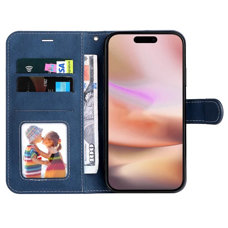 For iPhone 16 Plus Case 3-color Splicing PU Leather Wallet Phone Cover