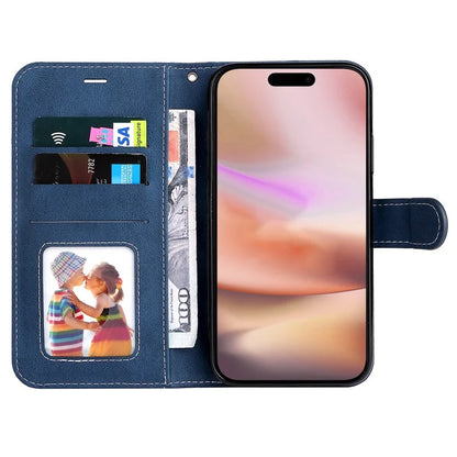For iPhone 16 Plus Case 3-color Splicing PU Leather Wallet Phone Cover