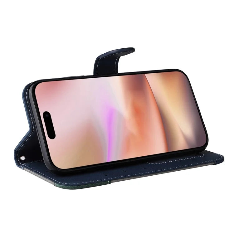 For iPhone 16 Plus Case 3-color Splicing PU Leather Wallet Phone Cover