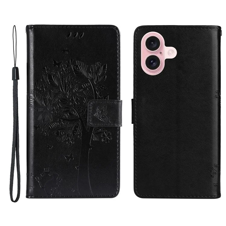 KT Imprinting Flower Series-3 For iPhone 16 Case Wallet Stand Leather Cover Cat Tree Pattern