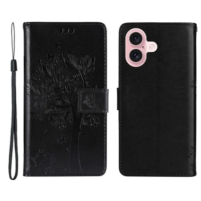 KT Imprinting Flower Series-3 For iPhone 16 Case Wallet Stand Leather Cover Cat Tree Pattern
