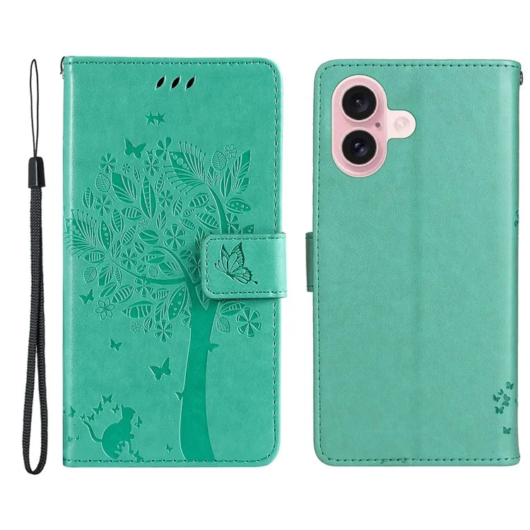 KT Imprinting Flower Series-3 For iPhone 16 Case Wallet Stand Leather Cover Cat Tree Pattern