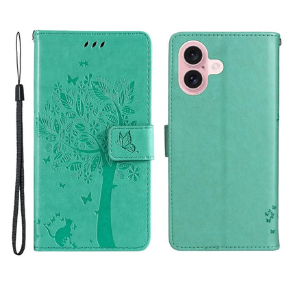 KT Imprinting Flower Series-3 For iPhone 16 Case Wallet Stand Leather Cover Cat Tree Pattern