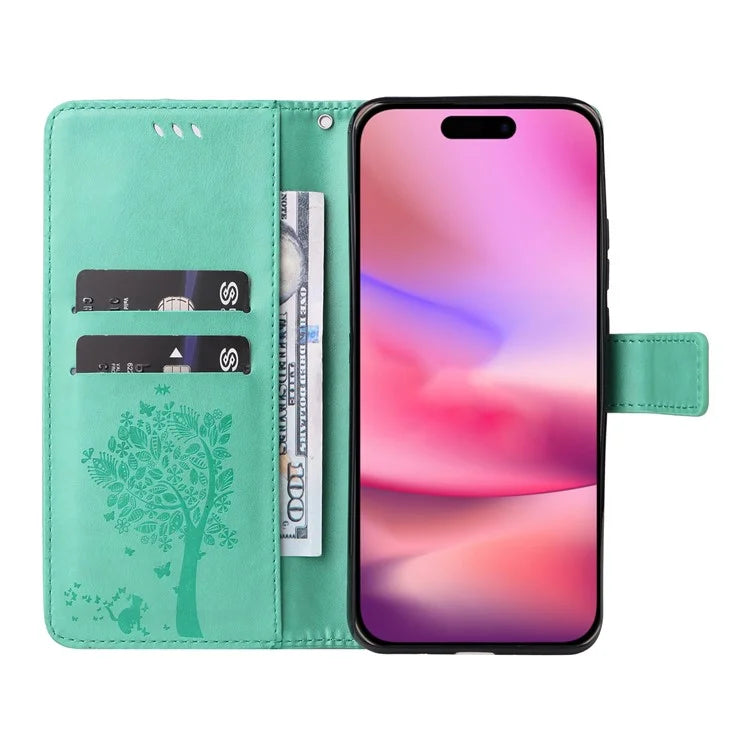 KT Imprinting Flower Series-3 For iPhone 16 Case Wallet Stand Leather Cover Cat Tree Pattern