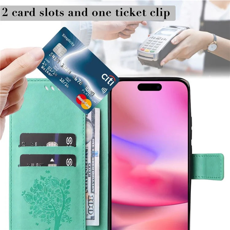 KT Imprinting Flower Series-3 For iPhone 16 Case Wallet Stand Leather Cover Cat Tree Pattern