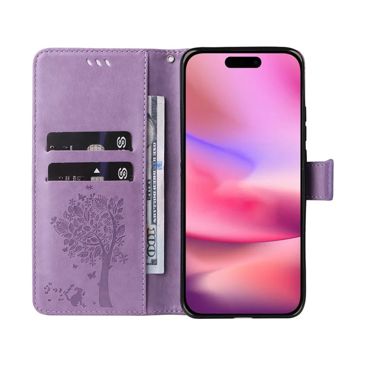 KT Imprinting Flower Series-3 For iPhone 16 Case Wallet Stand Leather Cover Cat Tree Pattern