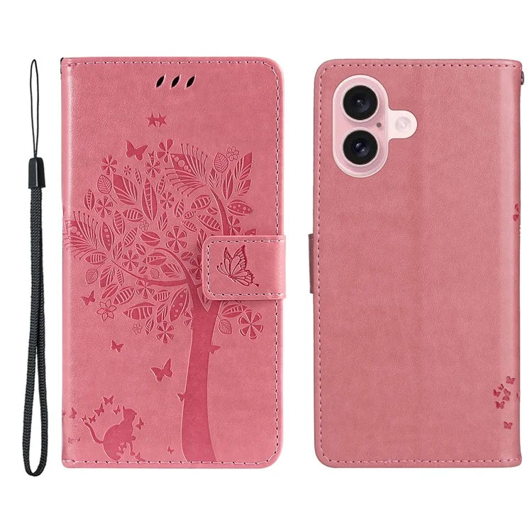 KT Imprinting Flower Series-3 For iPhone 16 Case Wallet Stand Leather Cover Cat Tree Pattern