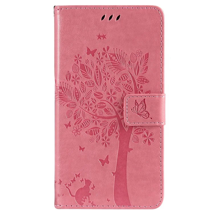 KT Imprinting Flower Series-3 For iPhone 16 Case Wallet Stand Leather Cover Cat Tree Pattern