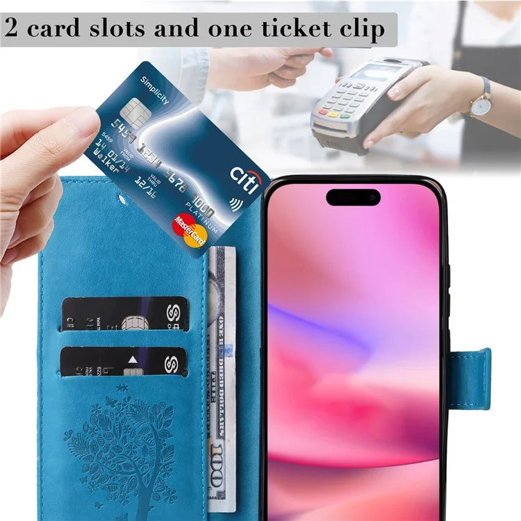 KT Imprinting Flower Series-3 For iPhone 16 Case Wallet Stand Leather Cover Cat Tree Pattern