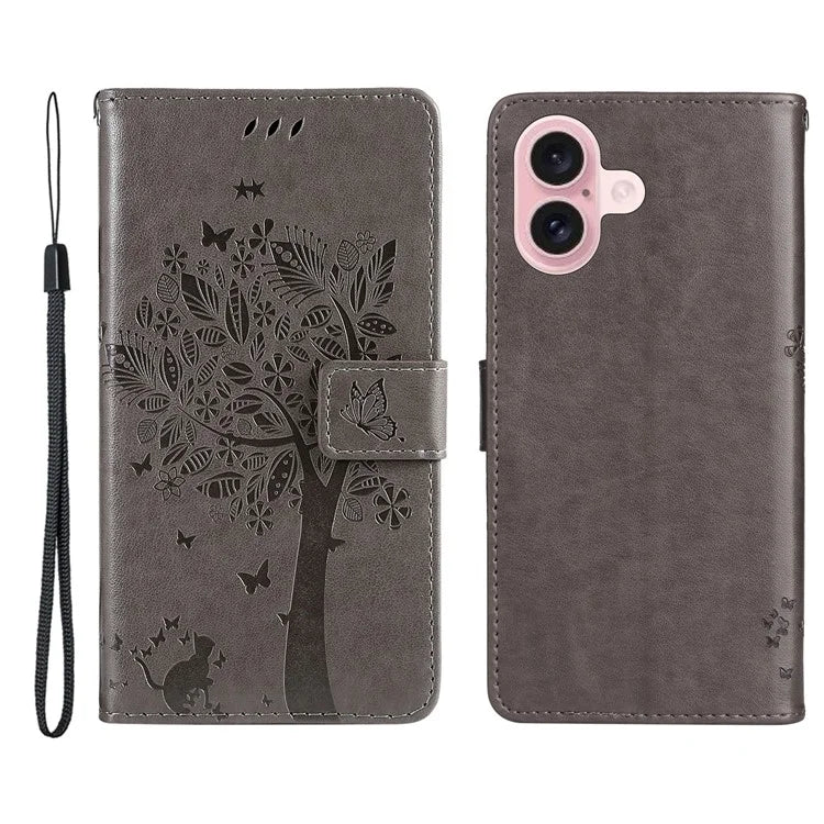 KT Imprinting Flower Series-3 For iPhone 16 Case Wallet Stand Leather Cover Cat Tree Pattern