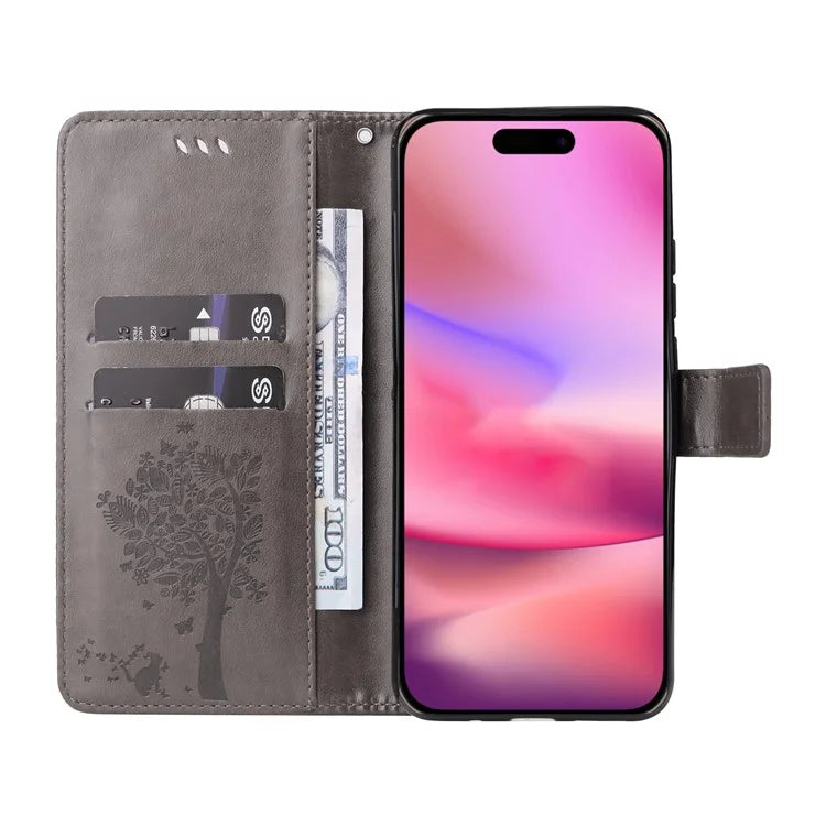 KT Imprinting Flower Series-3 For iPhone 16 Case Wallet Stand Leather Cover Cat Tree Pattern