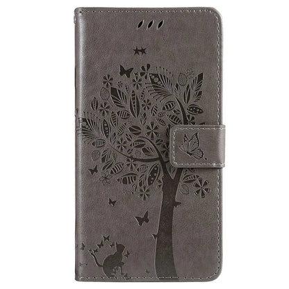 KT Imprinting Flower Series-3 For iPhone 16 Case Wallet Stand Leather Cover Cat Tree Pattern