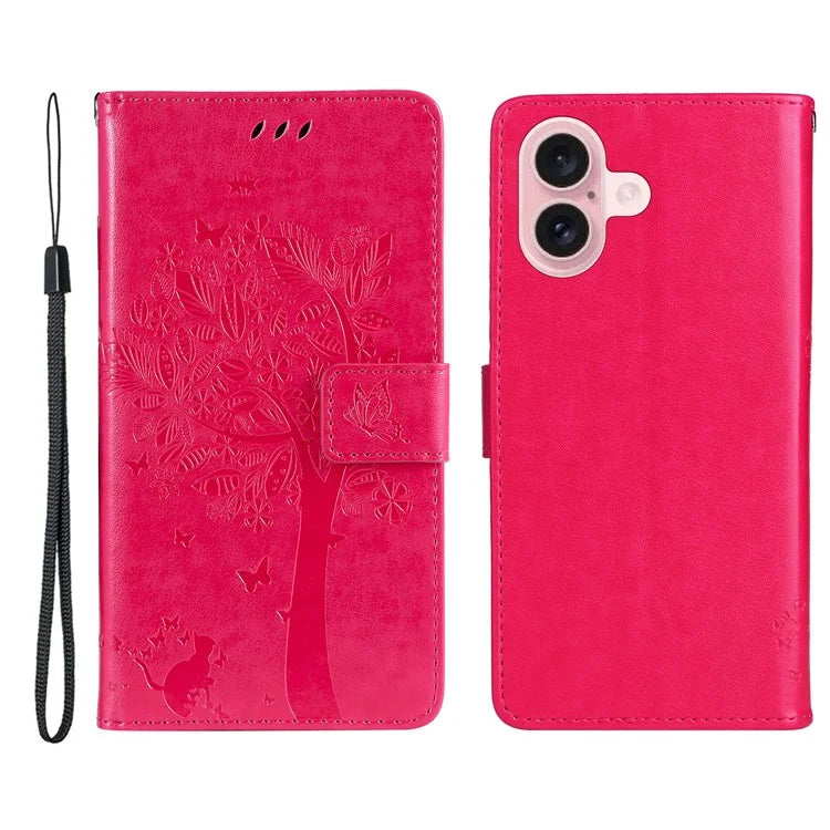 KT Imprinting Flower Series-3 For iPhone 16 Case Wallet Stand Leather Cover Cat Tree Pattern