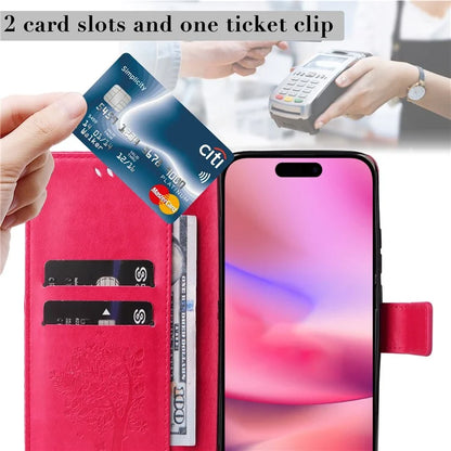 KT Imprinting Flower Series-3 For iPhone 16 Case Wallet Stand Leather Cover Cat Tree Pattern