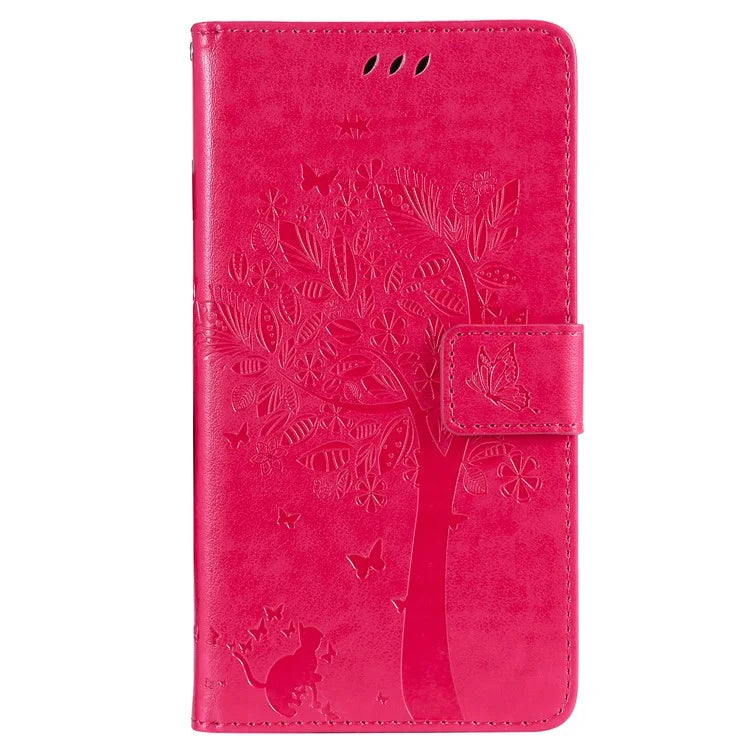 KT Imprinting Flower Series-3 For iPhone 16 Case Wallet Stand Leather Cover Cat Tree Pattern