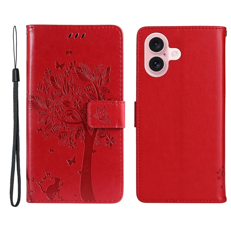KT Imprinting Flower Series-3 For iPhone 16 Case Wallet Stand Leather Cover Cat Tree Pattern