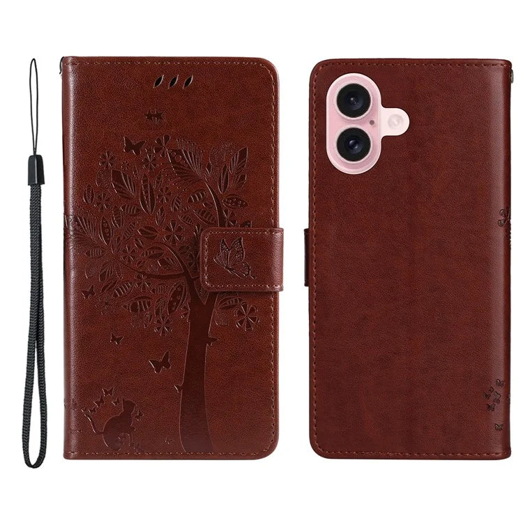 KT Imprinting Flower Series-3 For iPhone 16 Case Wallet Stand Leather Cover Cat Tree Pattern