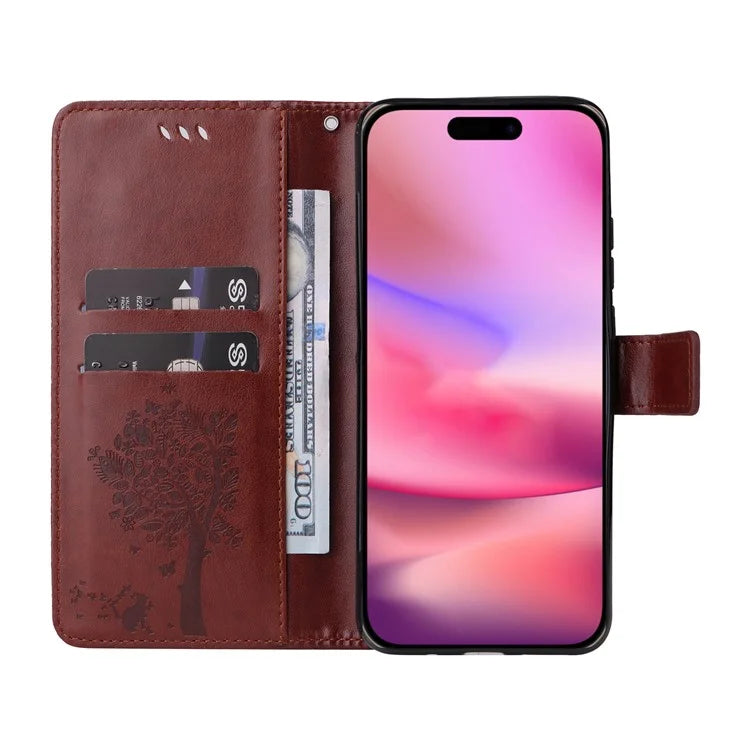 KT Imprinting Flower Series-3 For iPhone 16 Case Wallet Stand Leather Cover Cat Tree Pattern