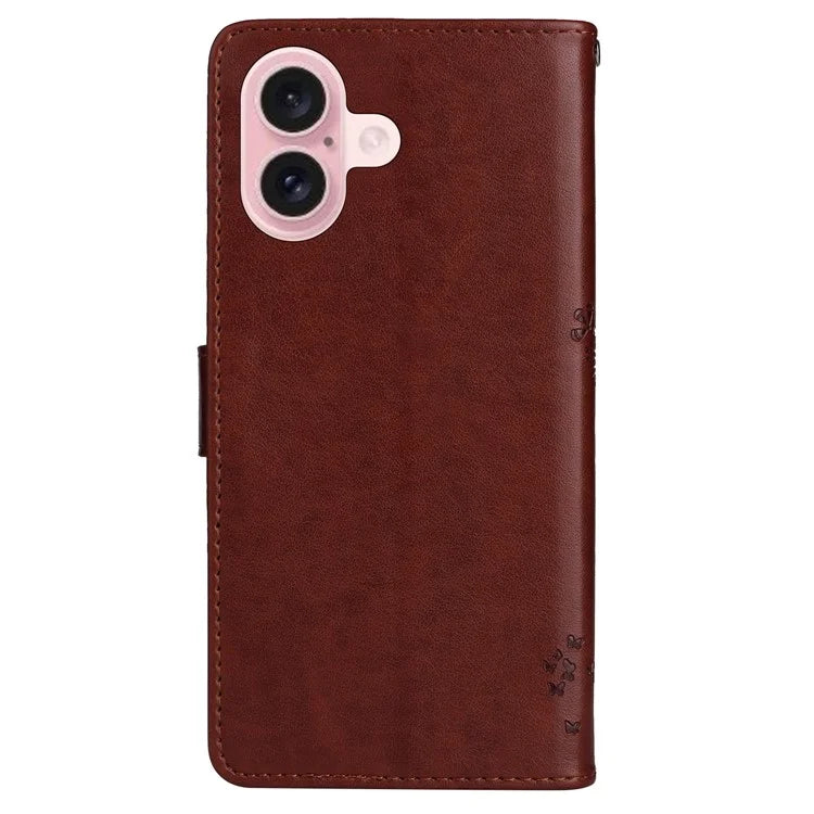 KT Imprinting Flower Series-3 For iPhone 16 Case Wallet Stand Leather Cover Cat Tree Pattern