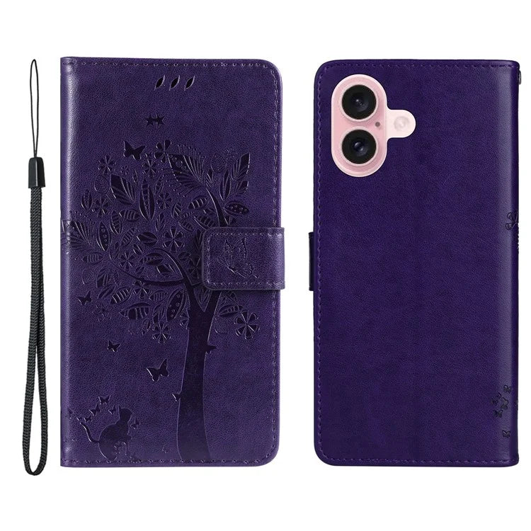 KT Imprinting Flower Series-3 For iPhone 16 Case Wallet Stand Leather Cover Cat Tree Pattern